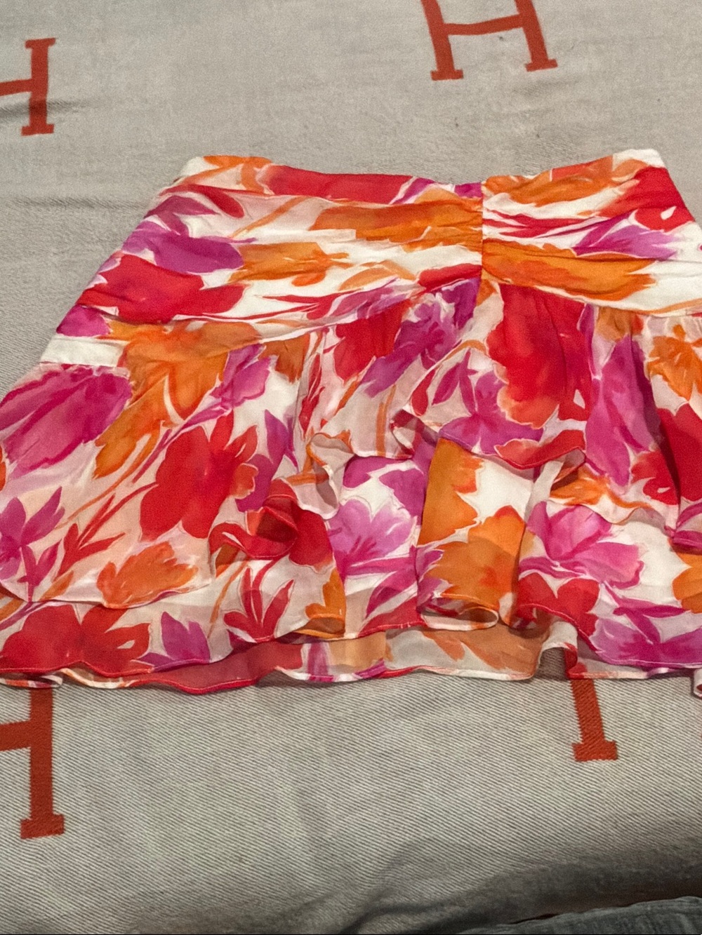 Milly Pink, Orange & White Floral Tiered Mini Skirt